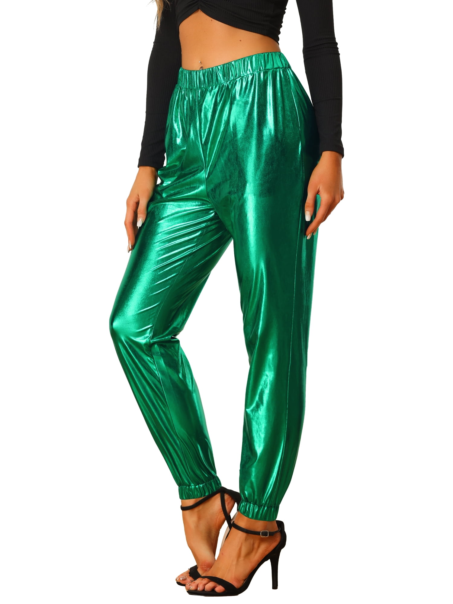 DARING DIVA Women's Sparkle Shiny High Waist Metallic Jogger Pants M Green
