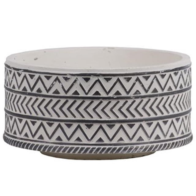 Urban Trends Collection 54915 Large Stoneware Wide Round Pot with Painted Black Embossed Lattice Chevron Design Body & Tapered Bottom, Washed Finish - White