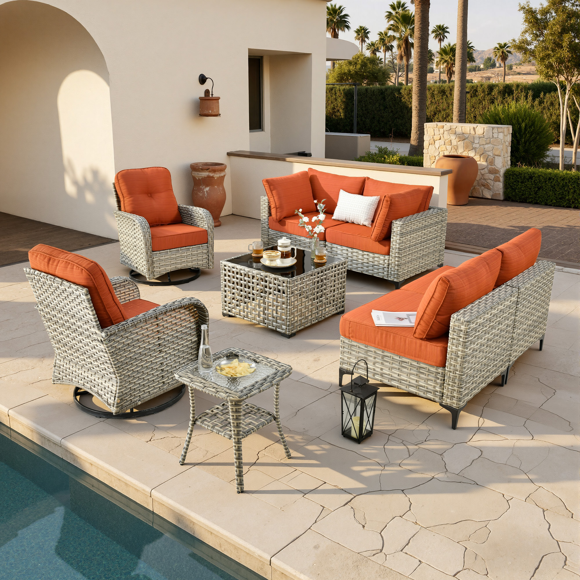 Vcatnet Outdoor Patio Furniture Sets 8 Pieces Sectional Sofa Wicker Conversation Set with Swivel Glider Chairs and Solar Powered Coffee Table for Porch, Deck, Orange Red