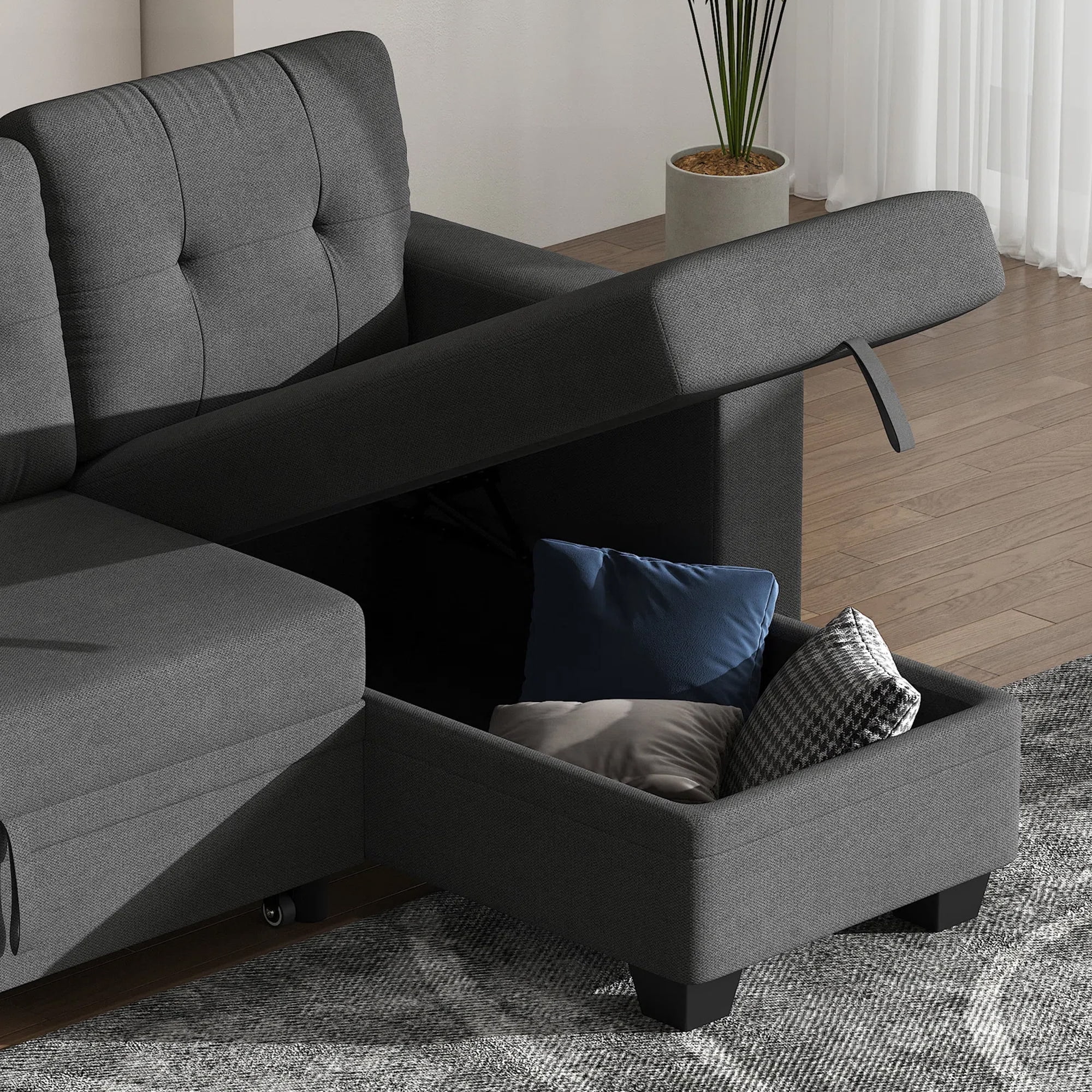 DEALTOPS Linen Reversible Sleeper Sectional Sofa Bed with Storage Chaise,Dark Gray
