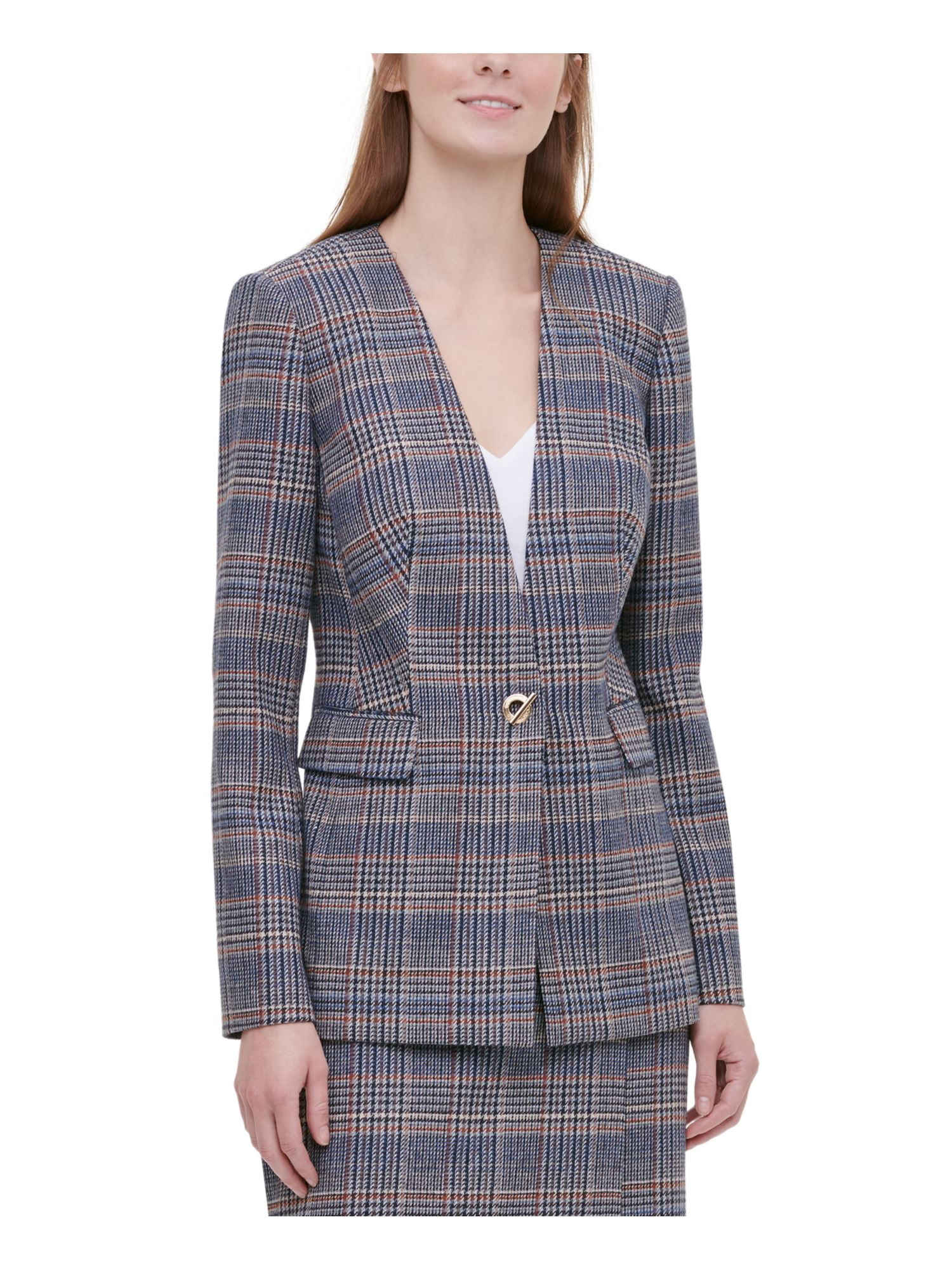 CALVIN KLEIN Womens Black Plaid Suit Jacket Petites Size: 2P 