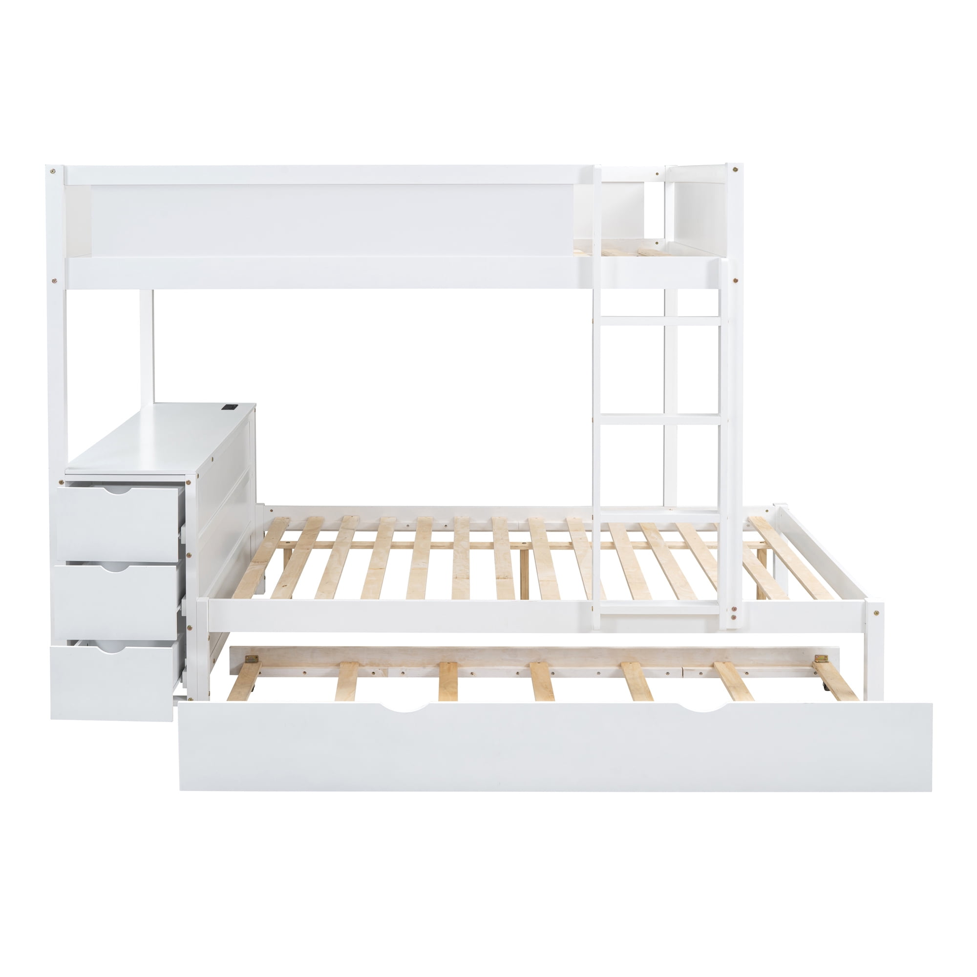 Full-Over-Full Bunk Bed with Twin size Trundle and 3 Storage Drawers, Solid Wood Floor Bunk Bed with Desk, Ladder and Guardrails for Kids Teens Adults