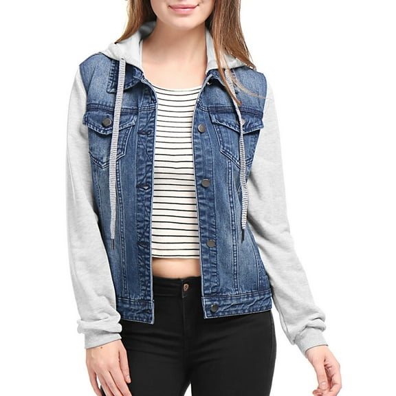 INSPIRE CHIC Women's Washed Denim Jacket Contrast Sleeve Drawstring Hood Button Down Outerwear XS Dark Blue