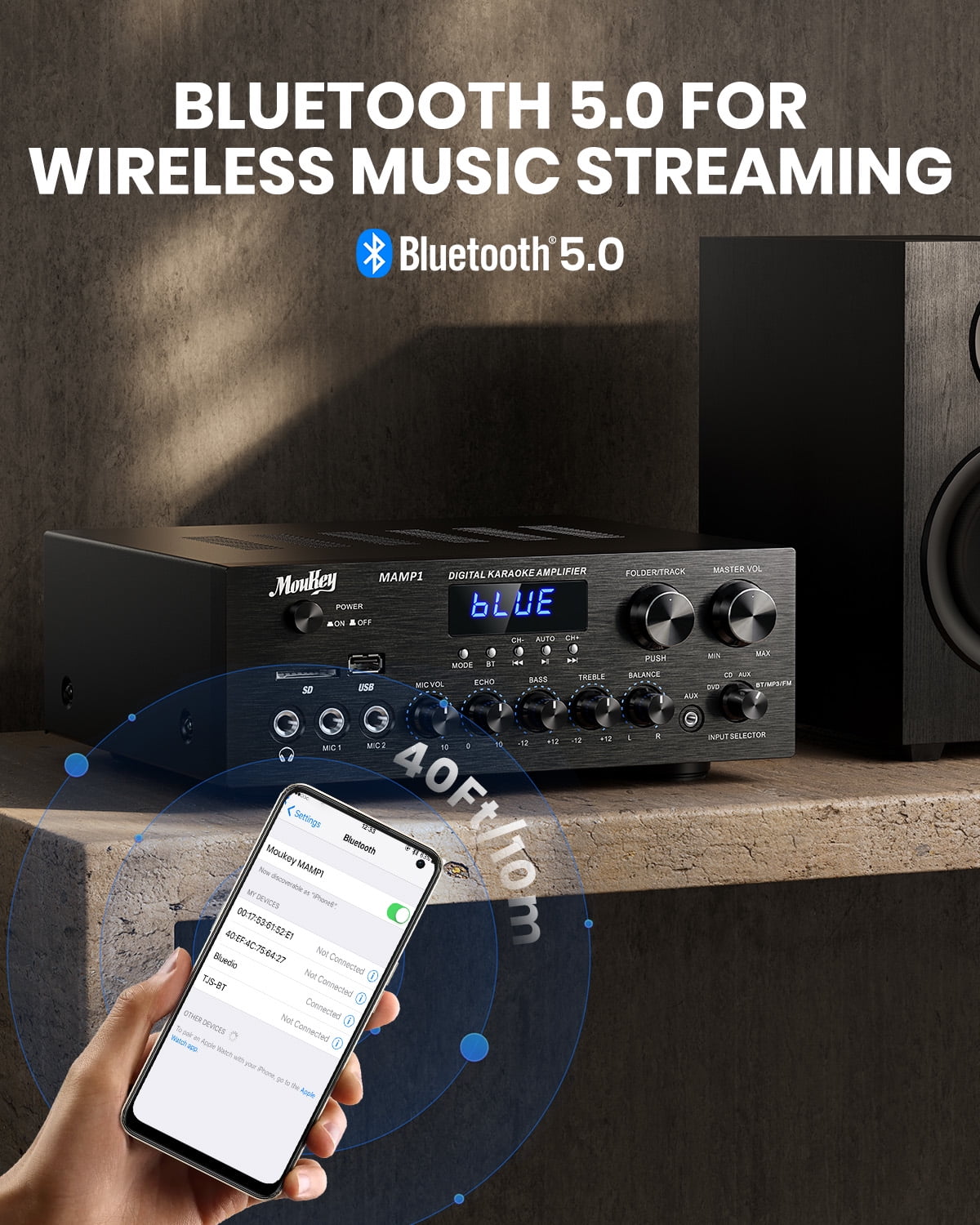 Moukey Home Audio Amplifier 220W Dual Channel Stereo Receiver System Bluetooth 5.0 w/Usb, Sd, Aux, Mic in w/Echo, Radio, LED - for Studio Use - MAMP1