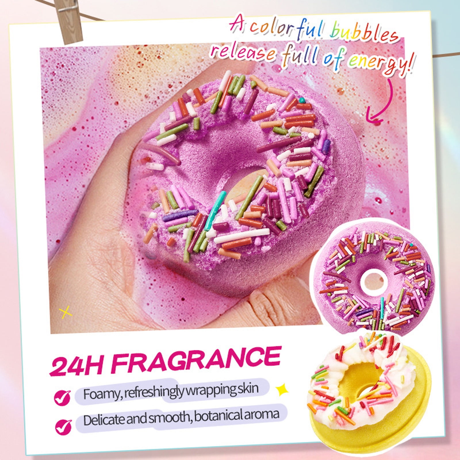 HHBEAUTY Bath Bombs, Macaron Donut Bath Salt Balls, 4 Donut Bath Balls Gift Set, Natural Organic Bubble Bath Balls, Women's Gifts, Self-Care Gift Set for Women Kids - 4 Scents
