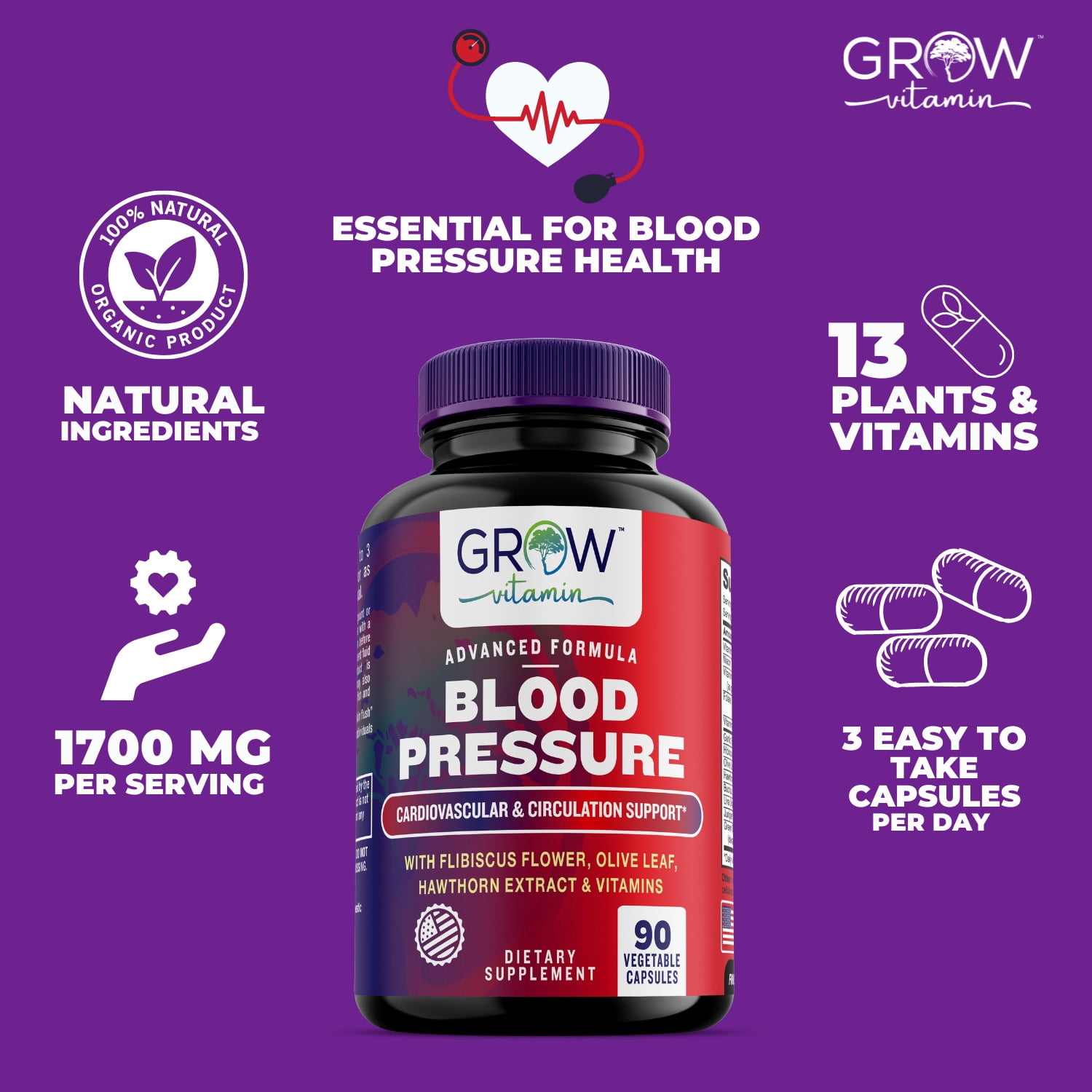 Grow Vitamin Blood Pressure Supplement for Cardiovascular Circulation and Endurance - 90 Capsules