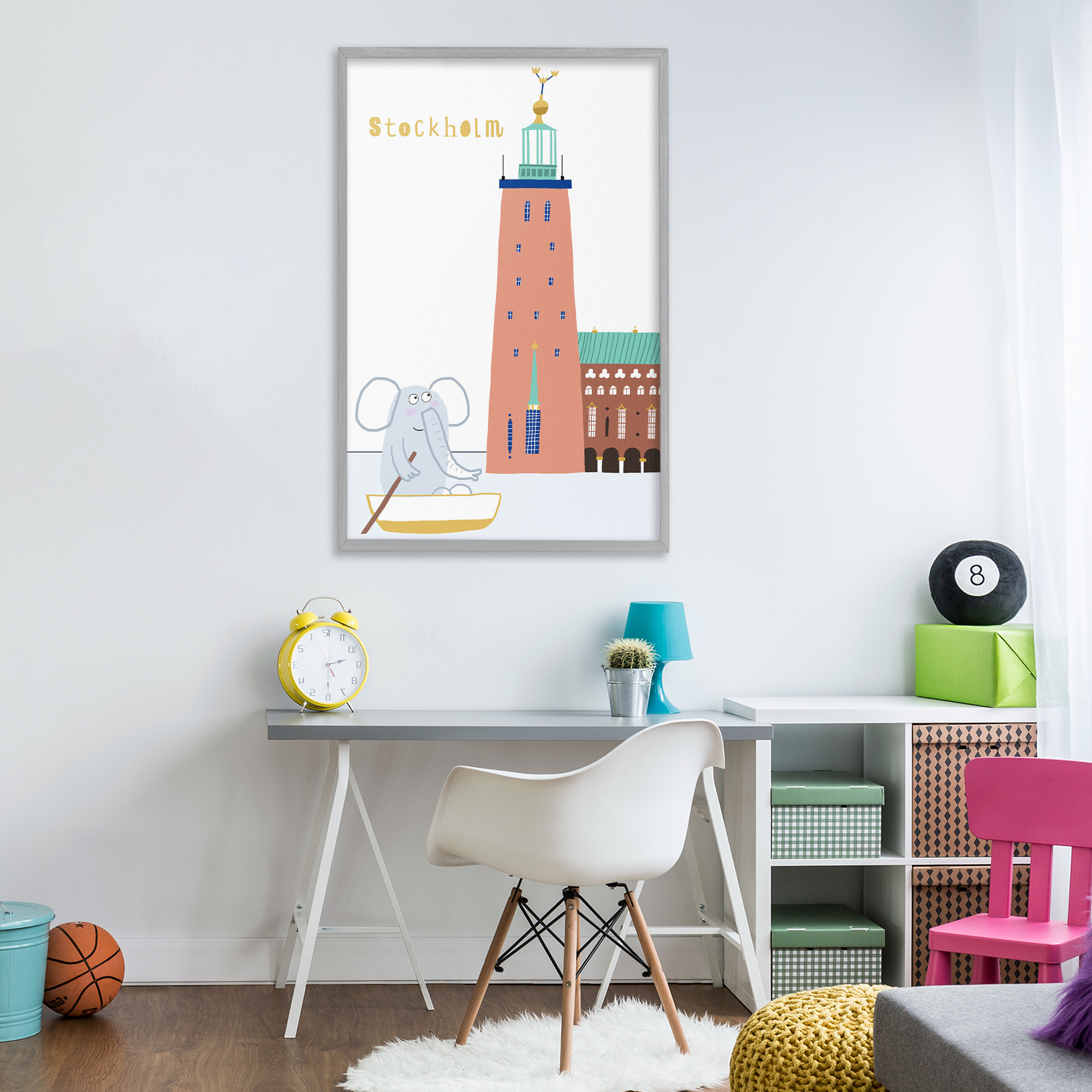 Elephant in Stockholm Boat Gray Framed Giclee Art, design by Carla Daly