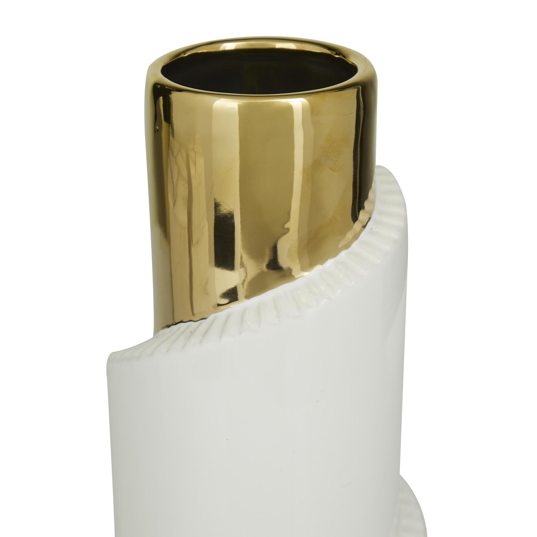 DecMode 15", 12", 9"H Spiral Gold Ceramic Vase with Gold Accents, Set of 3