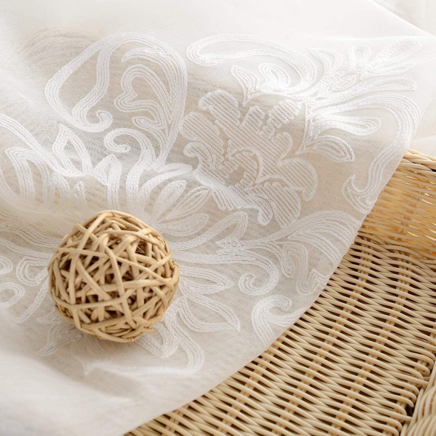 VOGOL European Floral Embroidered White Semi Sheer Rod Pocket Curtains for Bedroom, Kitchen, Small Windows, W52xL63, 2 Panels