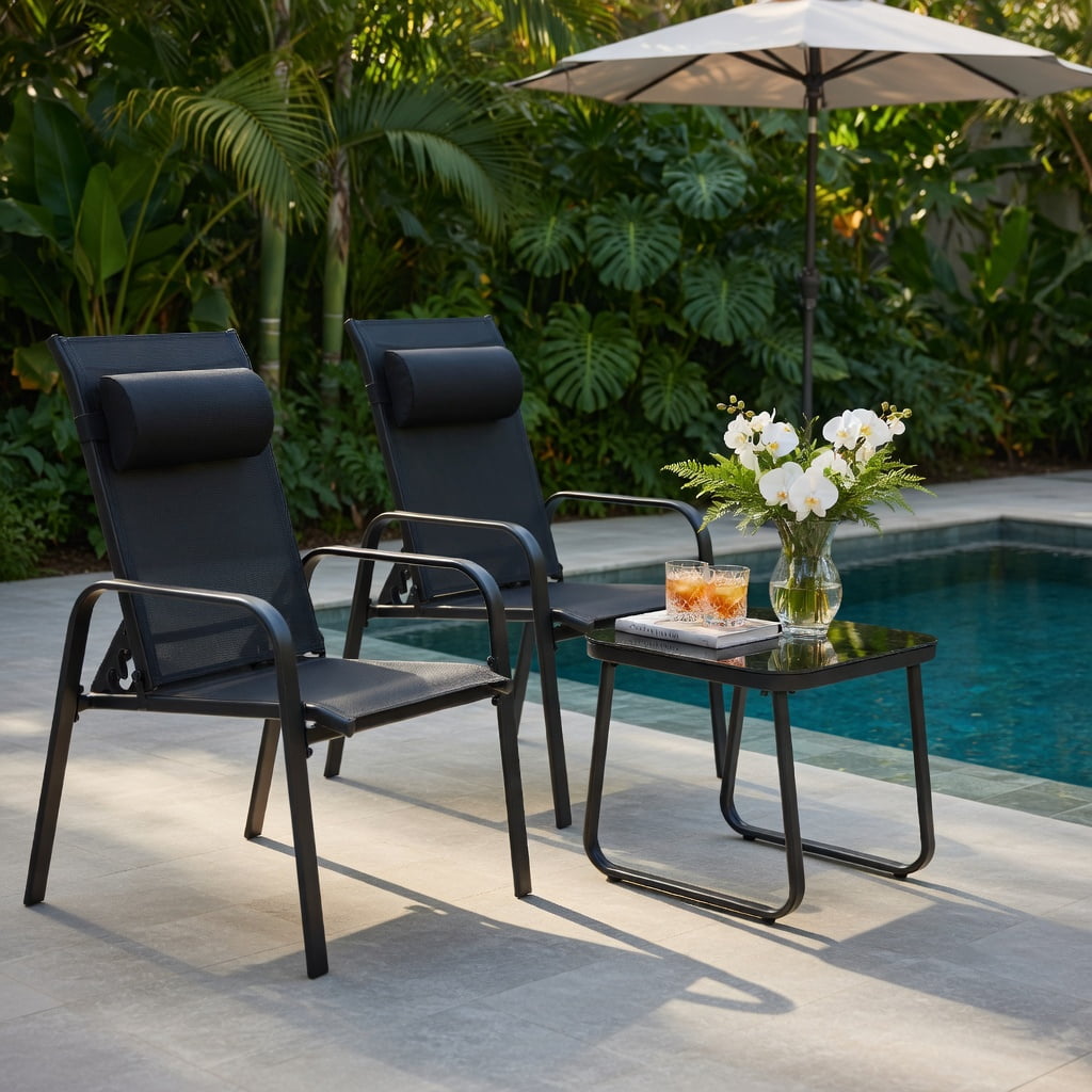 Hommoo 3-Piece Outdoor Bistro Set, Stackable Steel Chairs with Adjustable Backrest & Tempered Glass Table for Patio, Balcony, Porch, Black