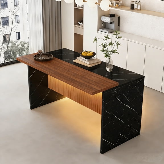 63" Modern Kitchen Island with Marble-Look Surface, LED Lights & Grille Design for Dining Room, Living Room, Black(Island Only)
