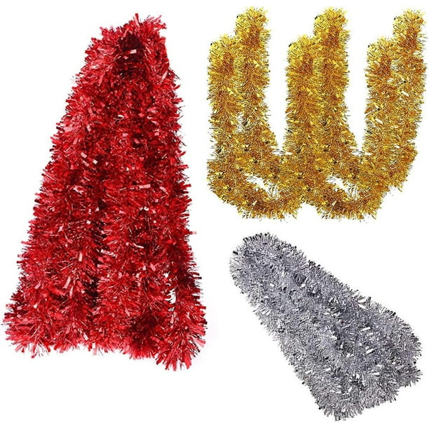 Guirnaldas de oropel metálico de 30 m, oropel con purpurina roja, plateada y dorada, decoración para árbol de Navidad, guirnaldas gruesas para decoraciones navideñas para bodas y fiestas