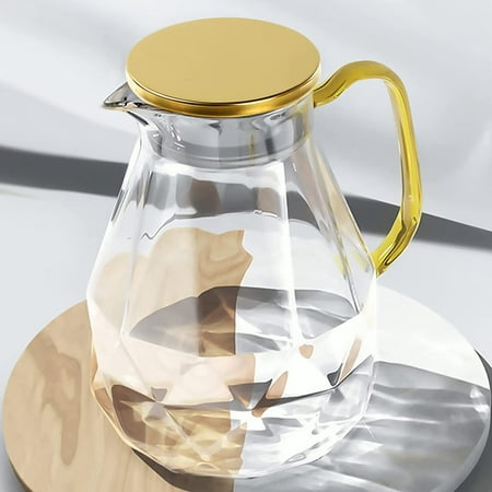 

DUJUST Glass Pitcher with Golden Lid [68 oz] Elegant Diamond Design Water Pitcher with Handle Decoration for Room Durable Water Glass Carafe for Ice Tea Beverage Hot/Cold Coffee