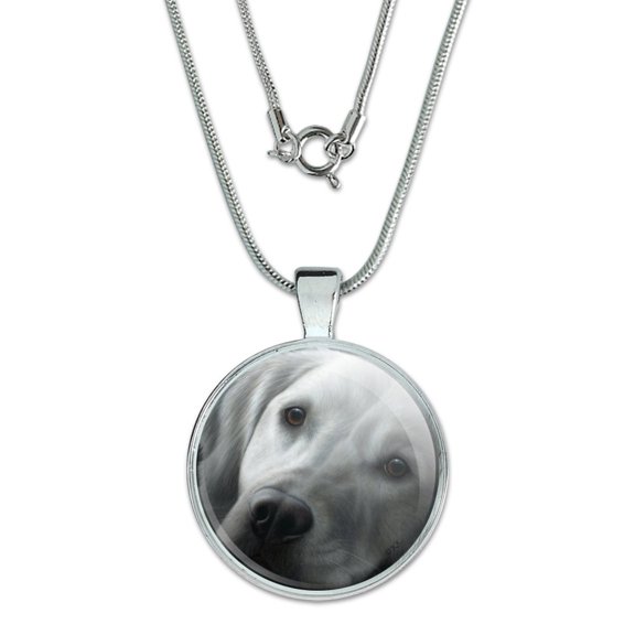 White Golden Retriever Tired Sleepy Dog 1" Pendant with Sterling Silver Plated Chain