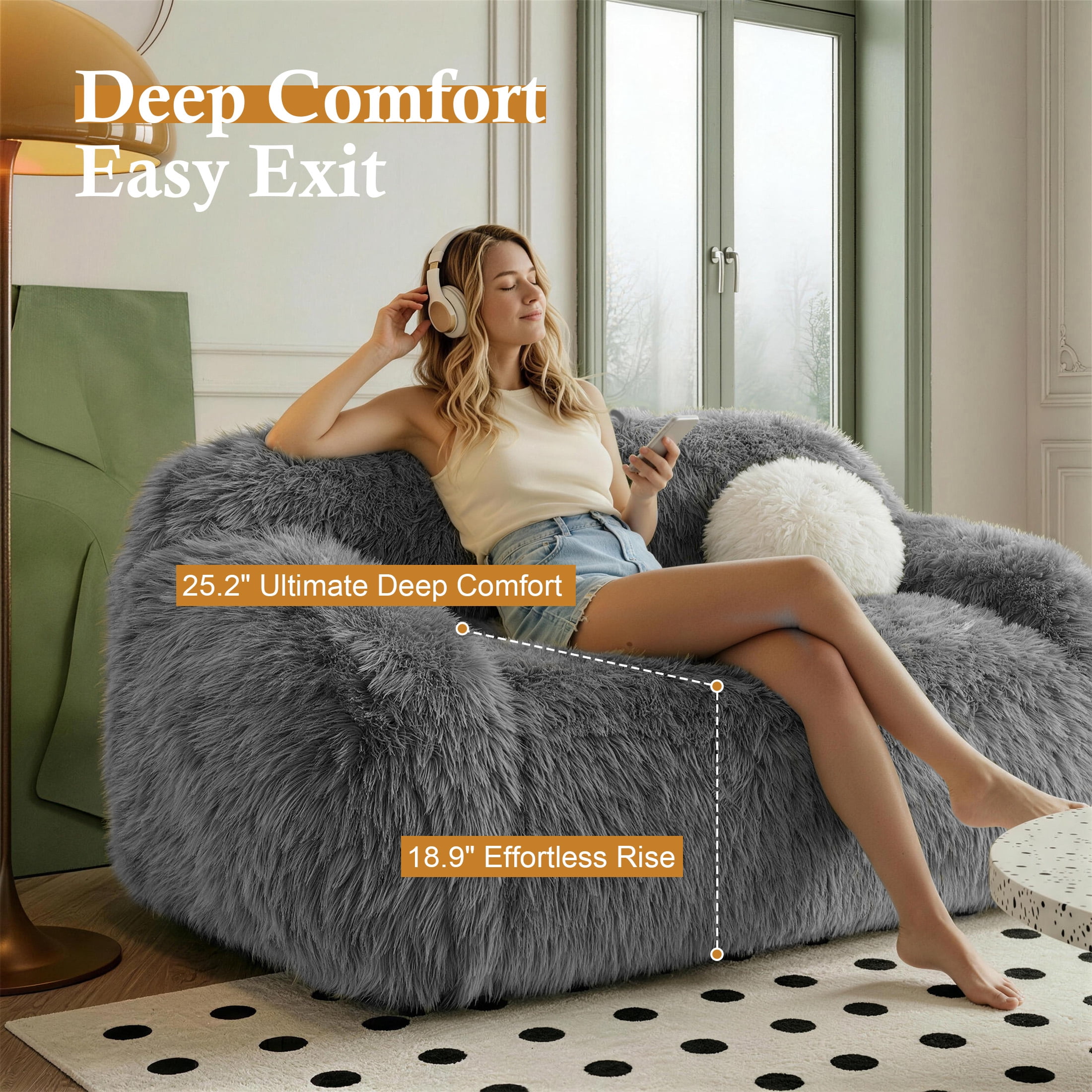 Aukfa Contemporary Plush Faux Fur Sofa, Could-Comfort Loveseat, 25" Deep Seat, Pet Friendly, Gray