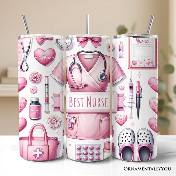 Pink Nurse Life 20oz Personalized Tumbler With Lid and Stainless Steel Straw, Medical Worker Appreciation Gift Cup
