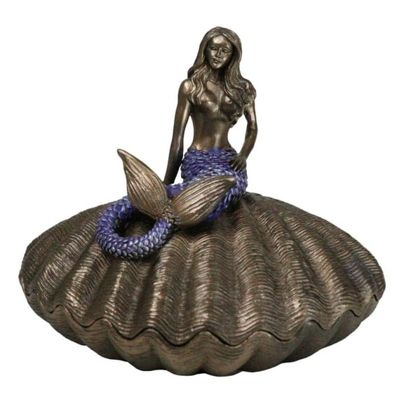 Beautiful Mermaid Sitting On Giant Sea Shell Decorative Jewelry Box Figurine