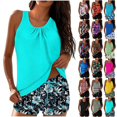 Feancey 2 Piece Tankini Swimsuit for Women Loose Fit Casual Floral Tank Top with Boyshorts Bathing Suits Sporty Swimwear Multicolor S