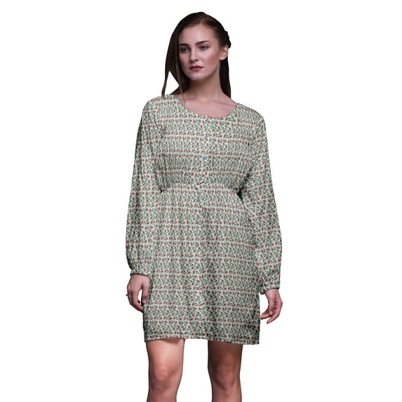 Bimba Green Leaves & Bunchberry Floral Women Tunic Top Long Sleeve Button Down Print Short Causal Dress-Small