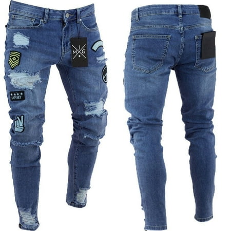 Fashion Mens Ripped Skinny Biker Jeans Destroyed Frayed Slim Fit Denim (Best Way To Rip Jeans)