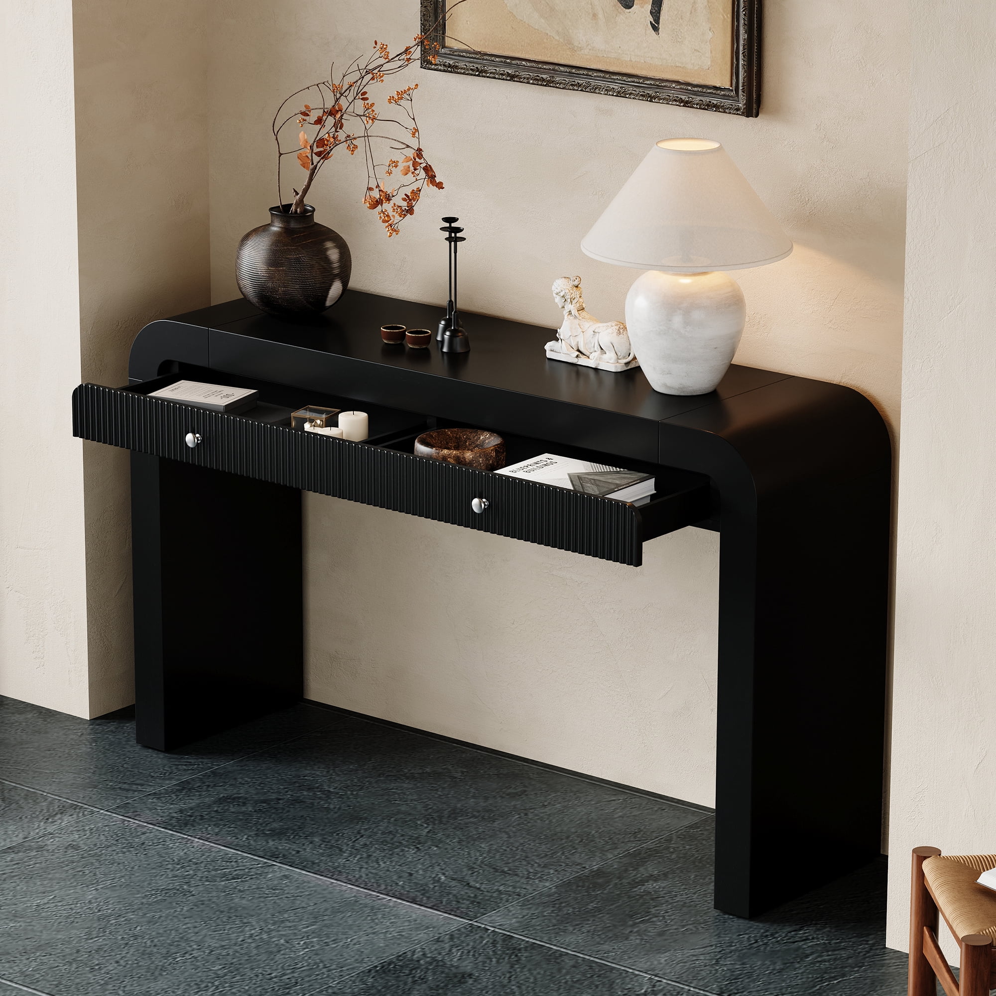 EUROCO 54" Long Console Table,Rustic Entryway Table with 2 Drawers,Wood Sofa Table Behind Couch Accent Table for Hallway & Living Room,Black