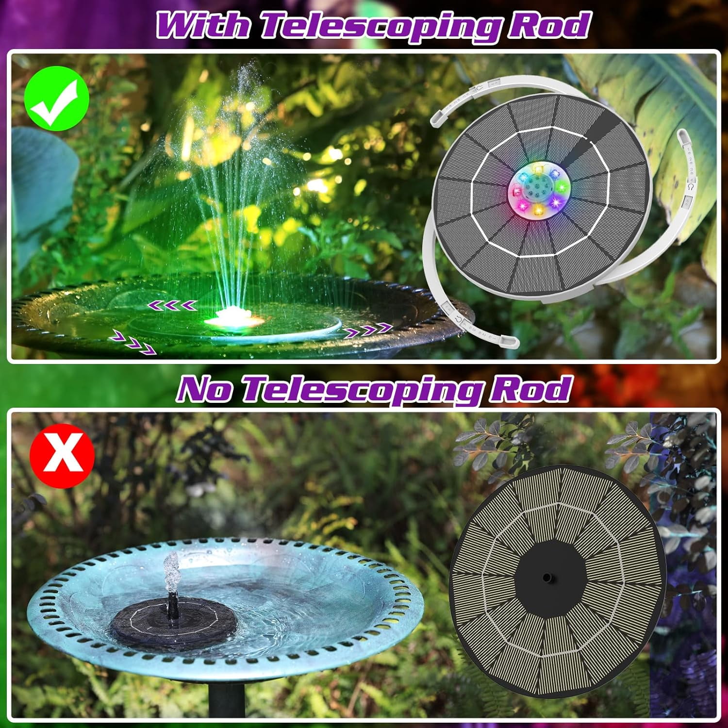 AISITIN 5.5W Solar Fountain with Light, 5.5W LED Light Solar Birdbath Fountain, 3000mAh Battery & 8 Nozzles Solar Fountain Pump for Pond, Birdbath, Pool, Garden