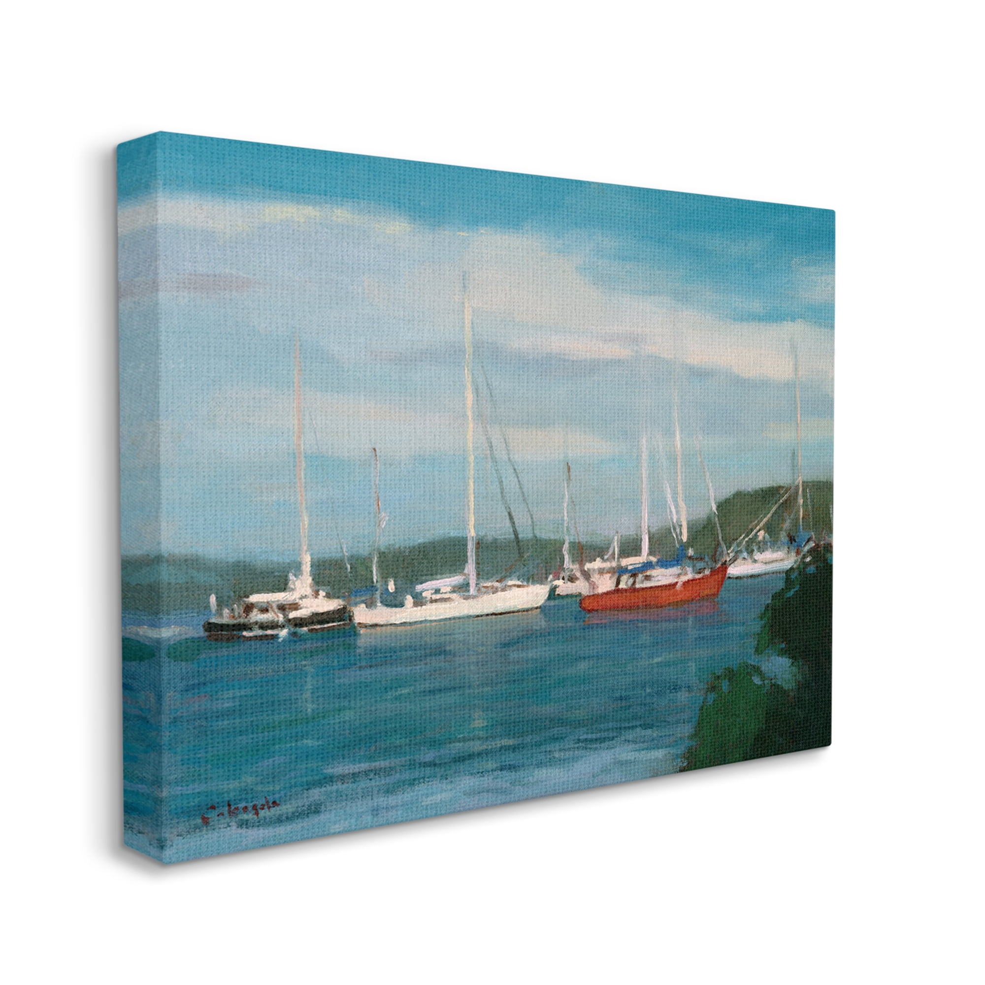 Stupell Industries Sailboat Fleet Afloat Ocean Water Distant Hills Painting Gallery Wrapped Canvas Print Wall Art, Design by Stephen Calcasola
