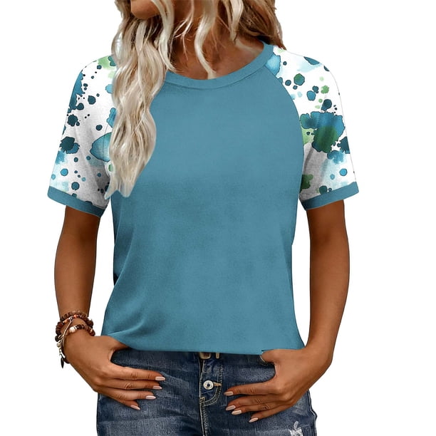 Tops de manga corta de mujer casual con impresión fuera del hombro, blusa de moda de manga Raglan para primavera verano