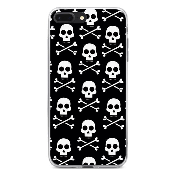 DistinctInk Clear Shockproof Hybrid Case for iPhone 7 PLUS / 8 PLUS (5.5" Screen) - TPU Bumper, Acrylic Back, Tempered Glass Screen Protector - Black White Skulls Pattern