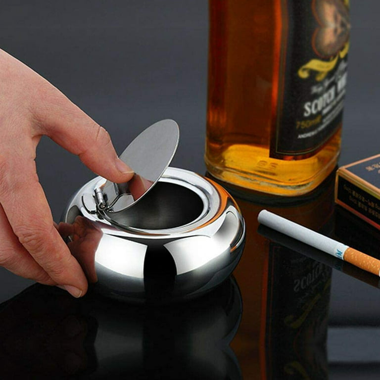 Stainless Steel Round Ashtray Modern Tabletop Windproof Ashtray with Lid Reusable Portable Cigarette Ashtray Small, Men's