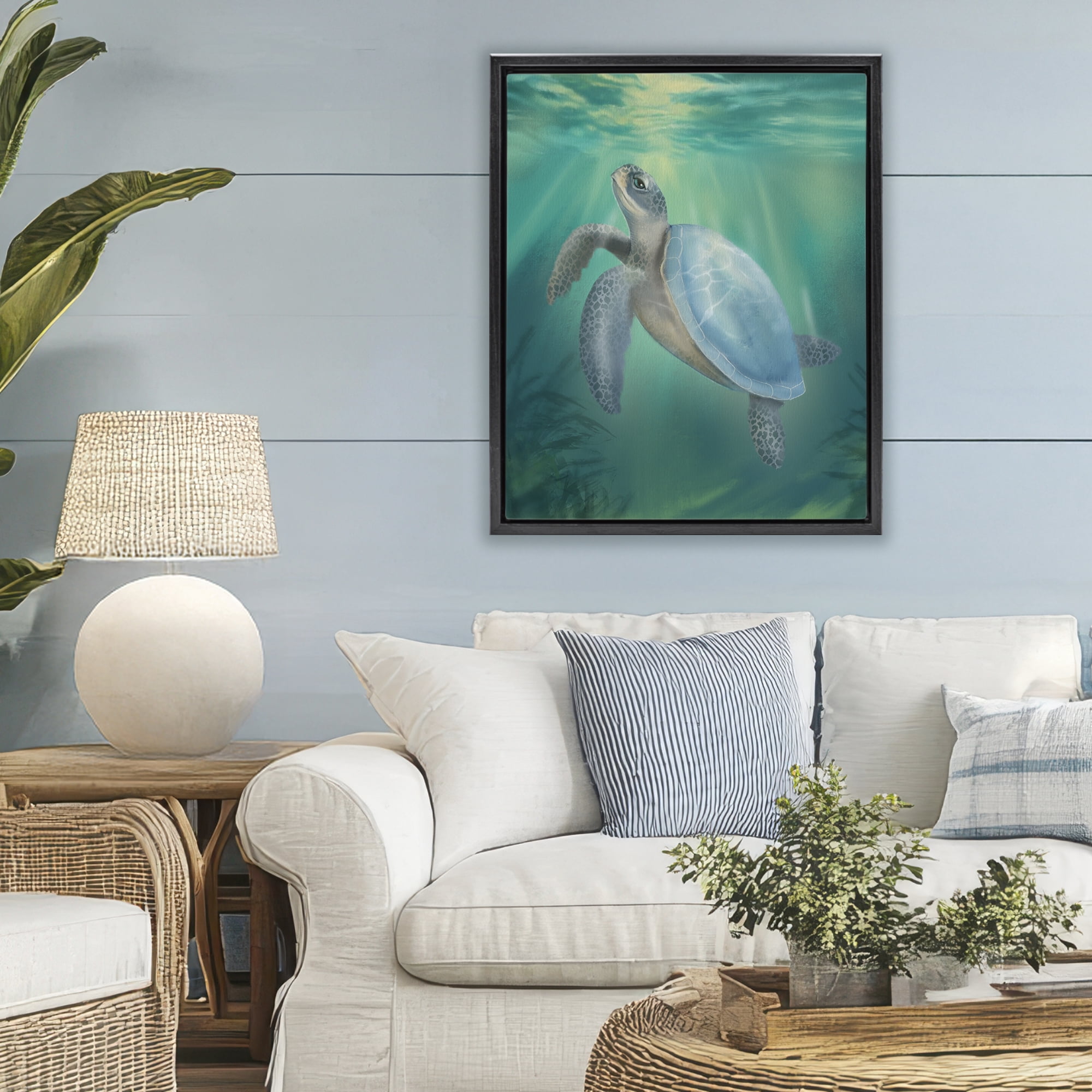 Stupell Industries Coastal Beach Sea Turtle Black Framed Floater Canvas Wall Art, design by Matthew Piotrowicz