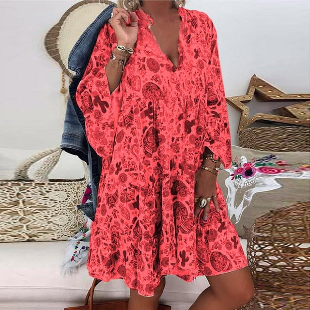 WILLBEST Vestidos con Curvas para Mujer Vestido Mini Holgado de Talla Grande con Estampado de Manga Larga y Cuello En V con Botones para Mujer Extra Grande