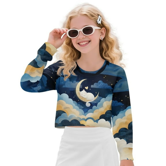 Xixirimido Cat Clouds Moon Starry Night Teen Shirts for Girls Trendy Crewneck Pullover Sweatshirts Soft Graphic Crop Tops Long Sleeve Kid Fall Clothes for 9-10 Years