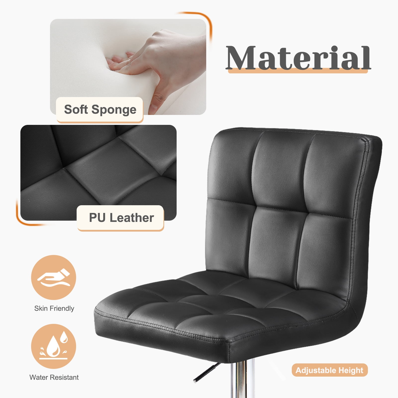 Set of 2 Swivel Barstools Modern PU Leather Bar Stools, Upholstered Adjustable Height Barstools for Kitchen Island, Black