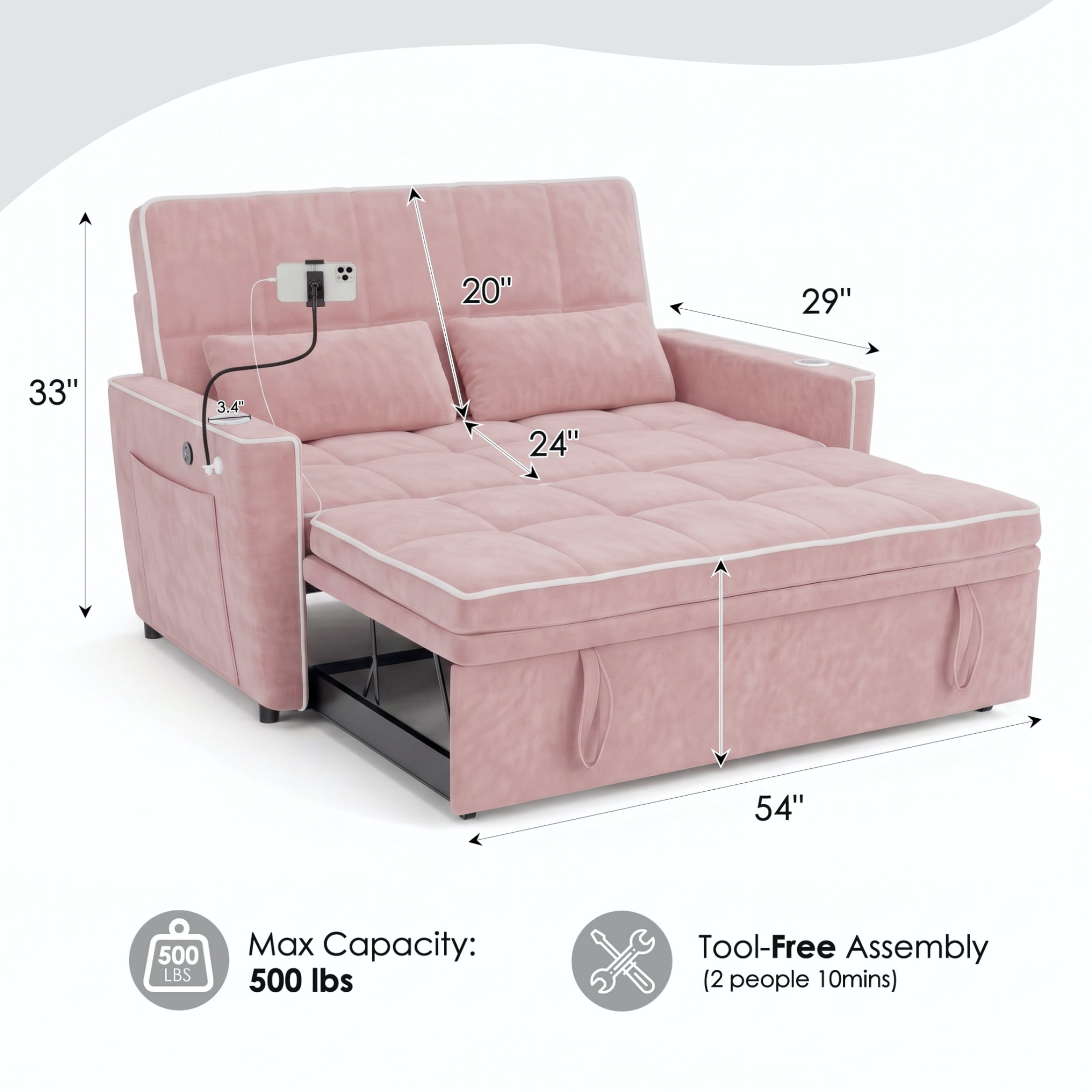 Vinform Sleeper Sofa Bed, 3 in 1 Convertible Loveseat with Phone & Cup Colder for Small Space, Pink