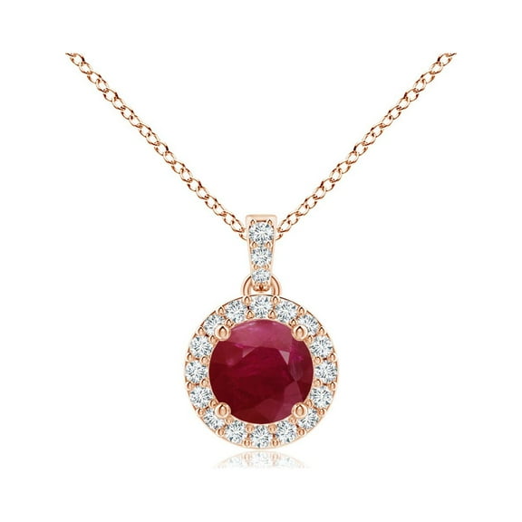 Angara Natural Ruby Pendant Necklace with Diamond Halo in 14K Rose Gold for Women (Size-4mm) – July Birthstone Jewelry | Round Ruby Halo Pendant
