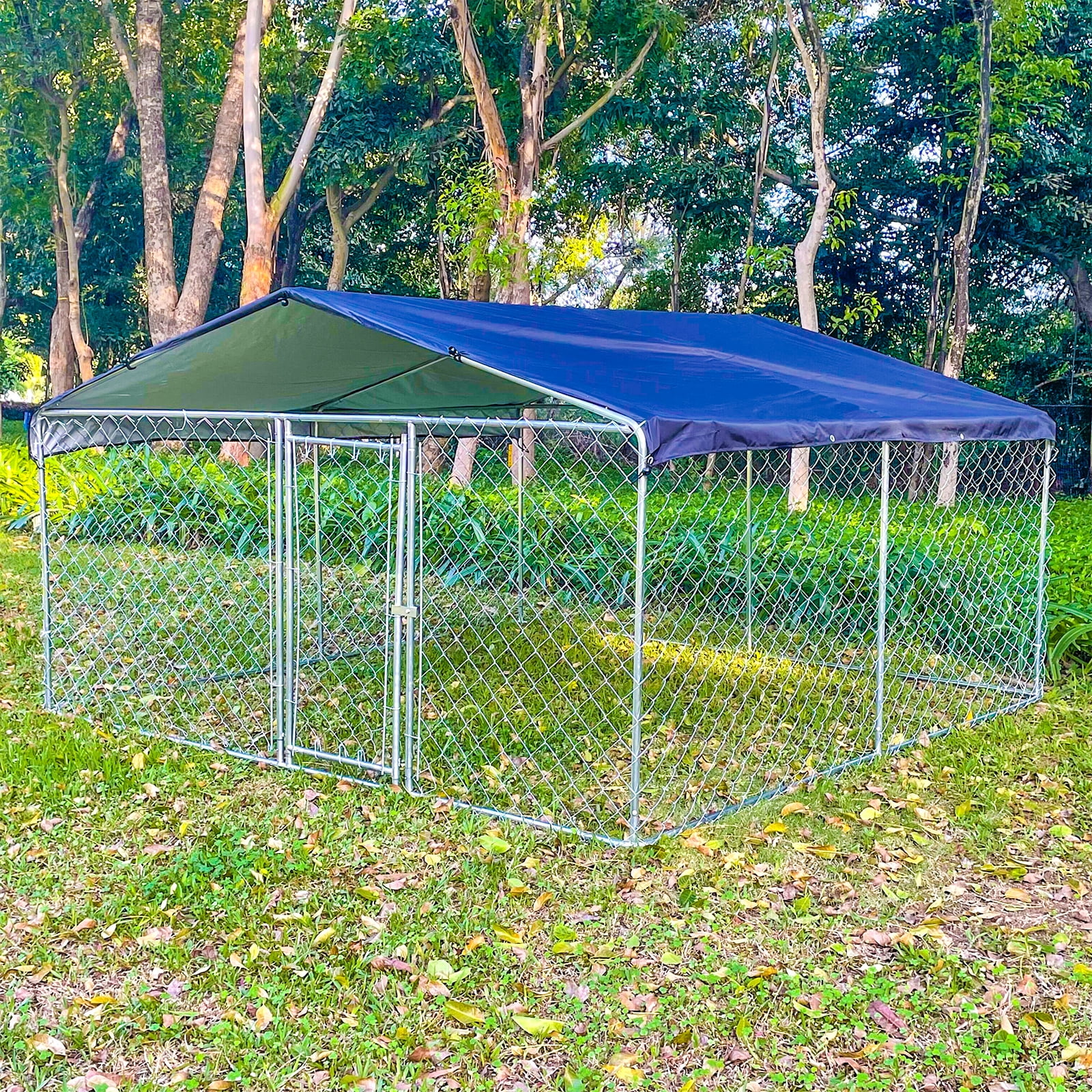 Yamissi 10'x10' Large Outdoor Dog Kennel with Metal Dog Gate, Outside Dog Enclosure with Roof, Heavy Duty Dog Kennel for Backyard Farm