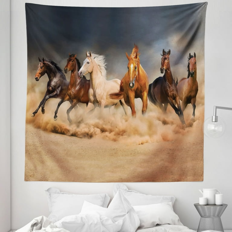 Horse Tapestry Equine Themed Animals Galloping in the Sand Running Horses Pattern Fabric Wall Hanging Decor for Bedroom Living Room Dorm 5 Sizes