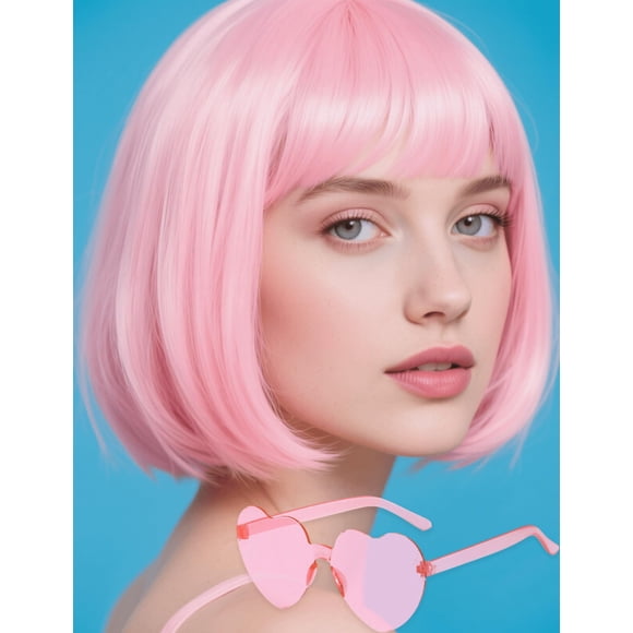 FSLLZCJY Peluca Bob Rosa Claro con Gafas de Sol en Forma de Corazón - Fibra sintética Resistente al Calor Ajustable y de Aspecto Natural