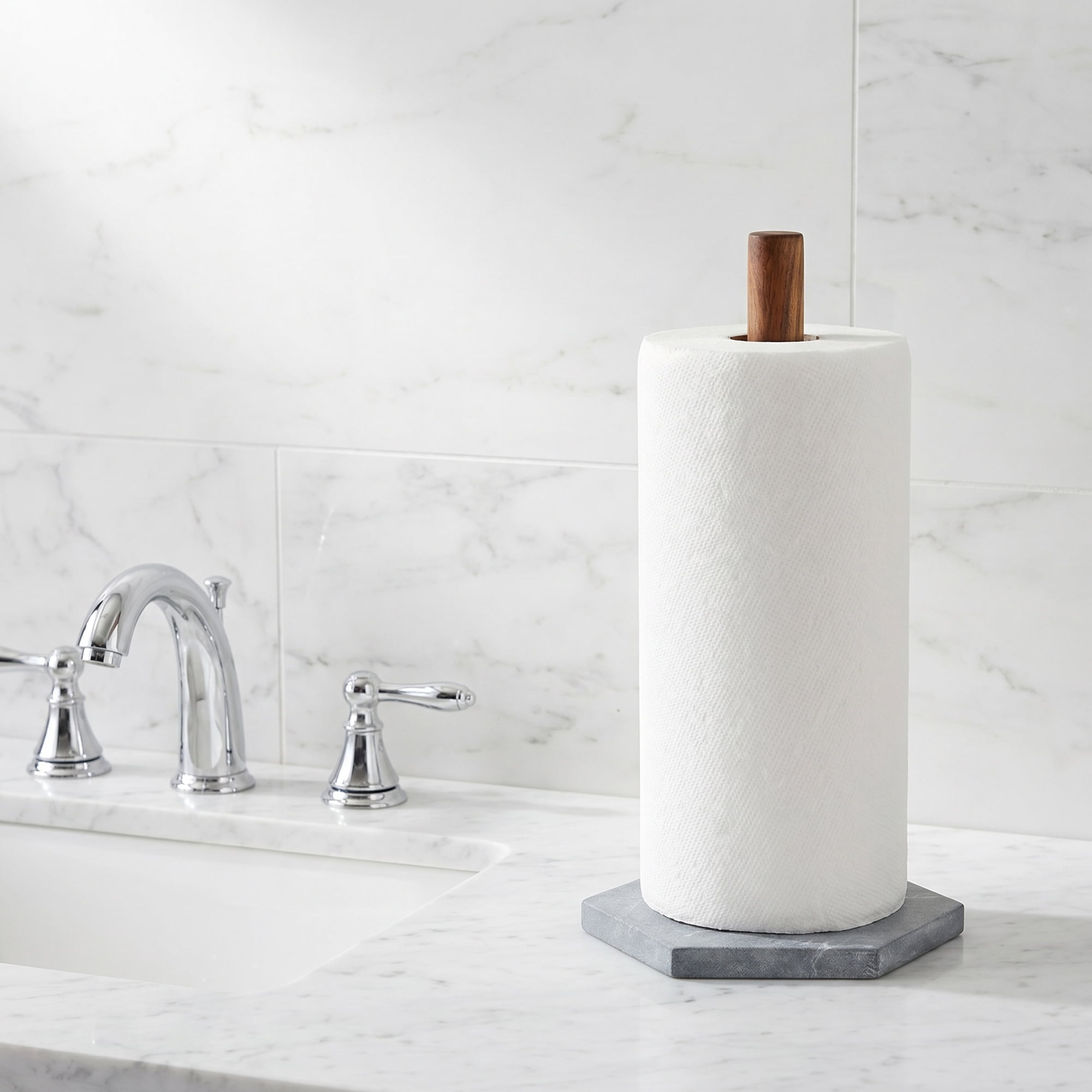 Unique Bargains Paper Towel Holder Countertop Non-Slip Base Marble Color F 12.6x5.9inch