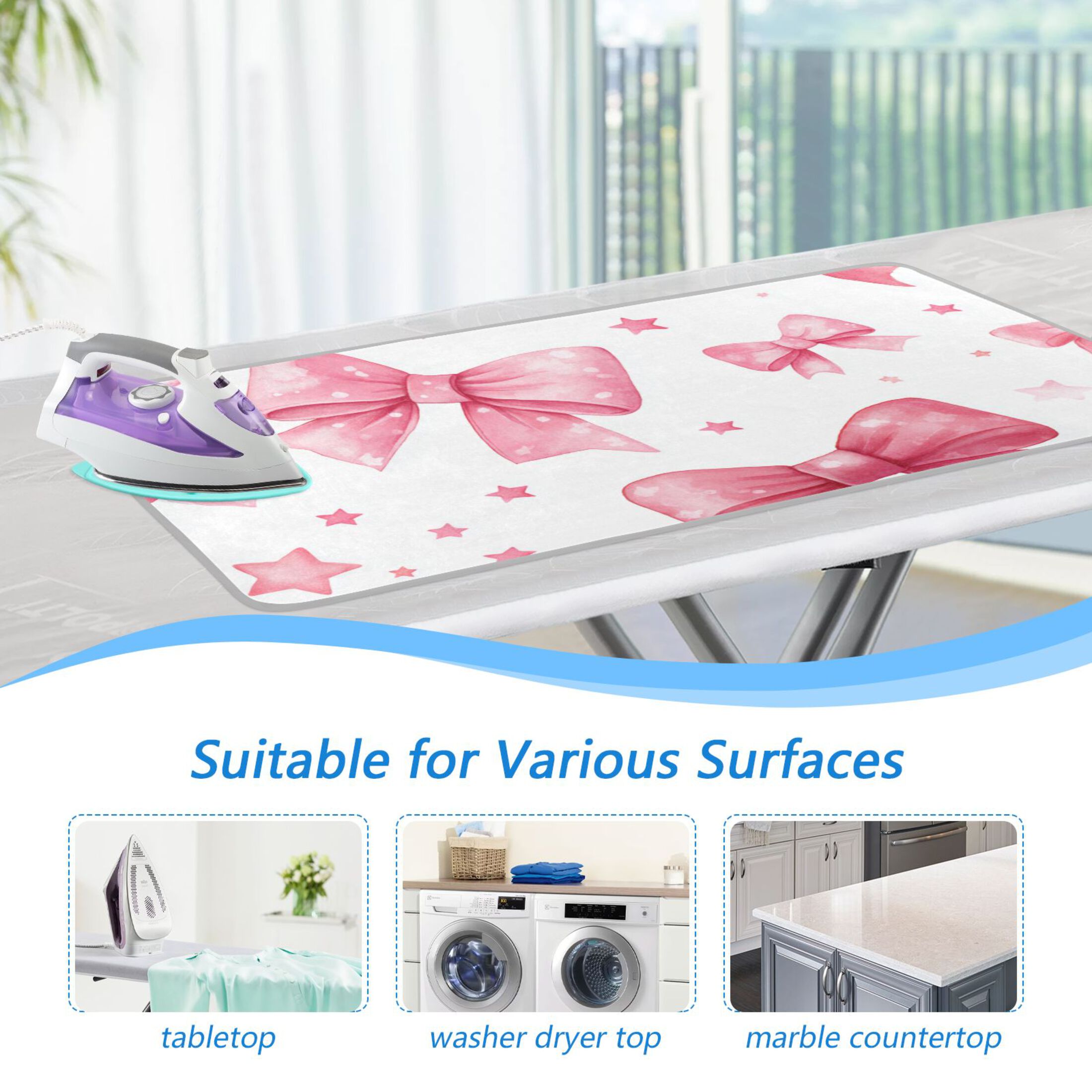 Pink Bows and Stars Ironing Mat Blanket Portable Travel Ironing Pad Heat Resistant Pad 47.2" x 27.6”