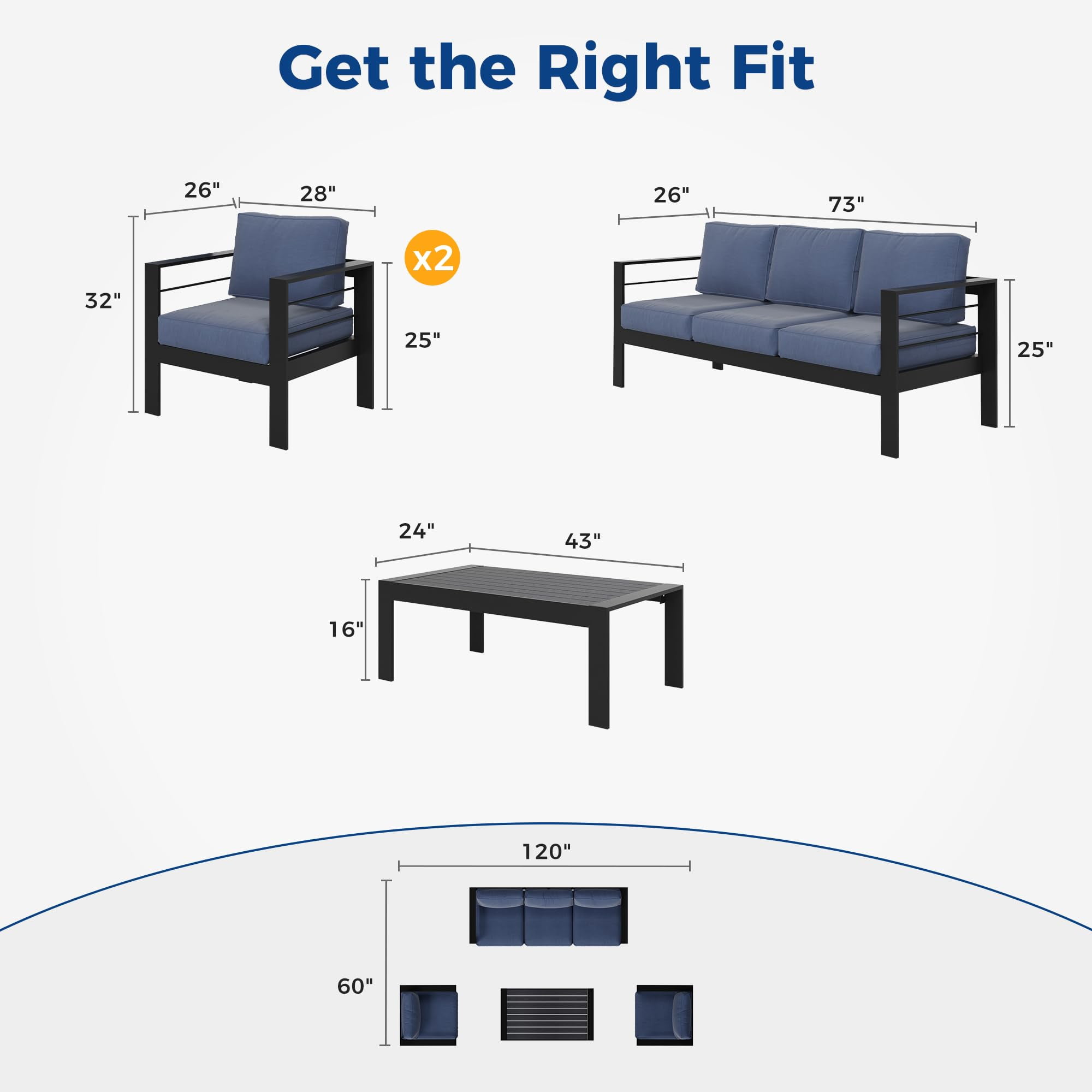 RoyalCraft Aluminum Outdoor Patio Furniture Set, 4 Pcs Modern Outdoor Conversation Set Sectional Sofa with Upgrade Cushion and Coffee Table for Balcony,Blue