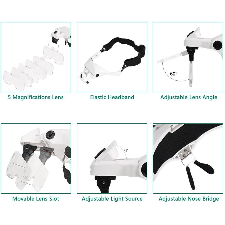 Magnifier With Light, Hands Free Headband Magnifier Stand Magnifier With 2  Led Lights For Hobby, De