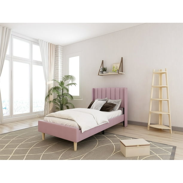Tslinn Low Profile Upholstered Platform Bed,Twin Beds With Pink(Velvet