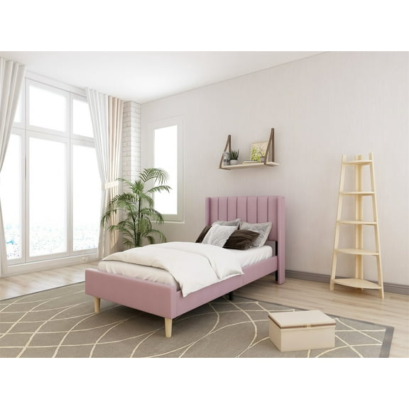 Tslinn Low Profile Upholstered Platform Bed,Twin Beds with Pink(Velvet)