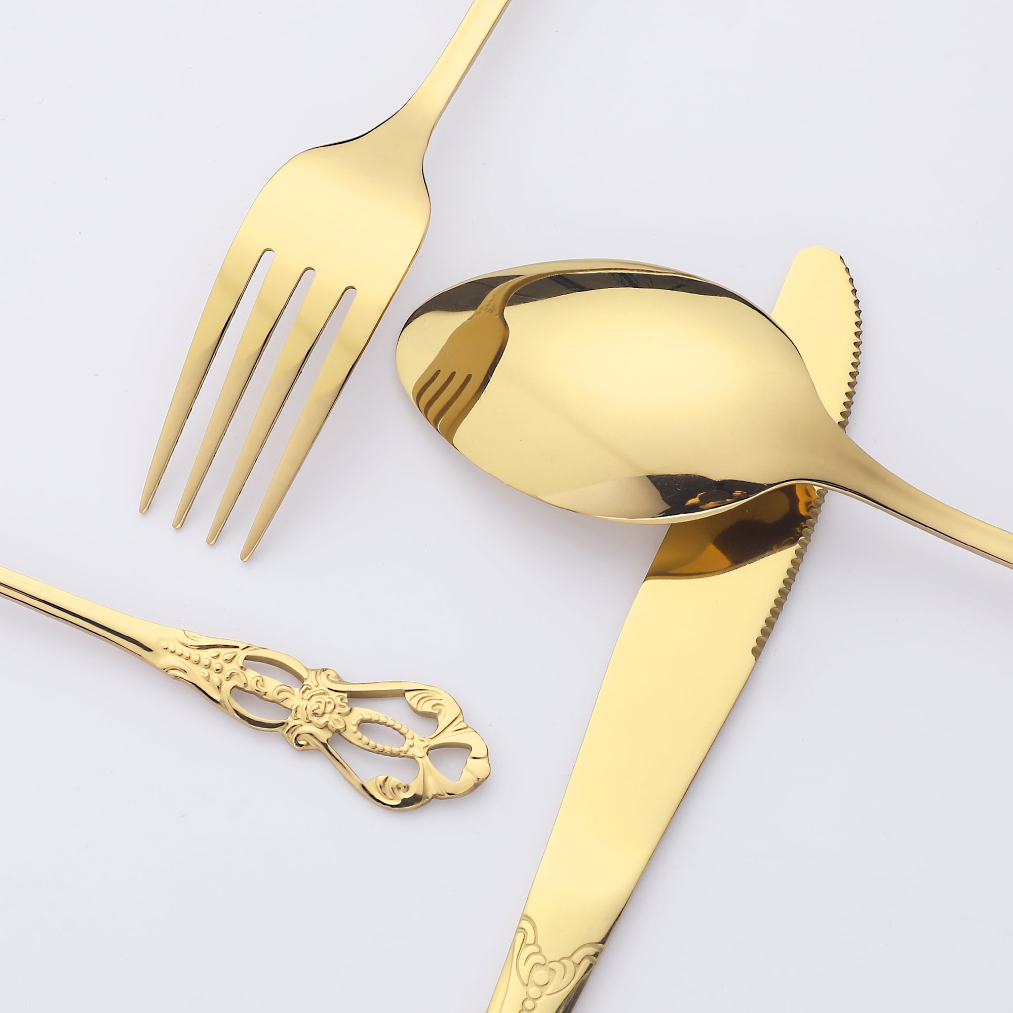 Unique Bargains 24 Pcs Silverware Set Stainless Steel Floral Flatware Set Gold