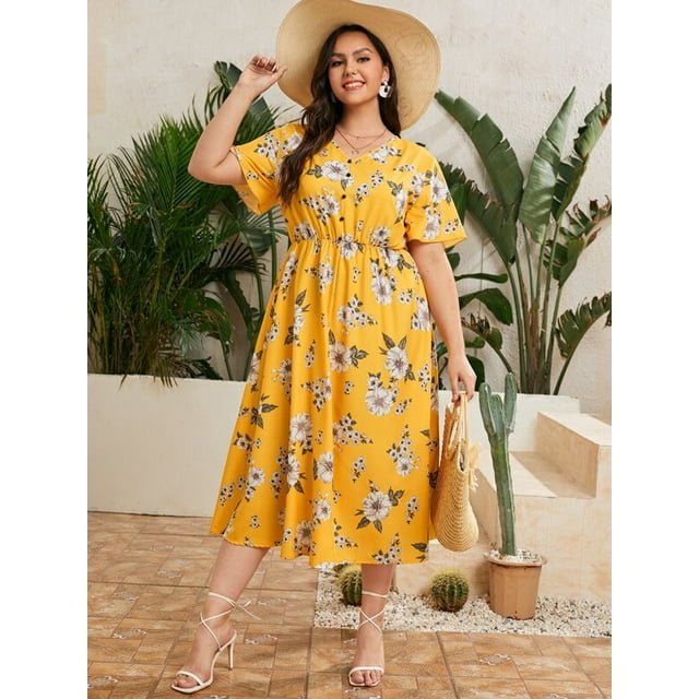U.Vomade Robe pour Femme Grande Taille Robe à Boutons à Motif Floral