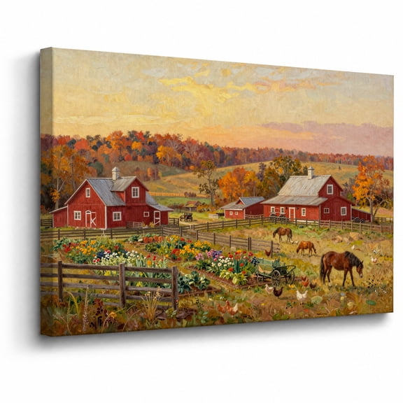Autumn Farm Canvas Wall Art Framed Decor Red Barn Horse Rural Countryside Landscape canvas print for bathroom bedroom or living room