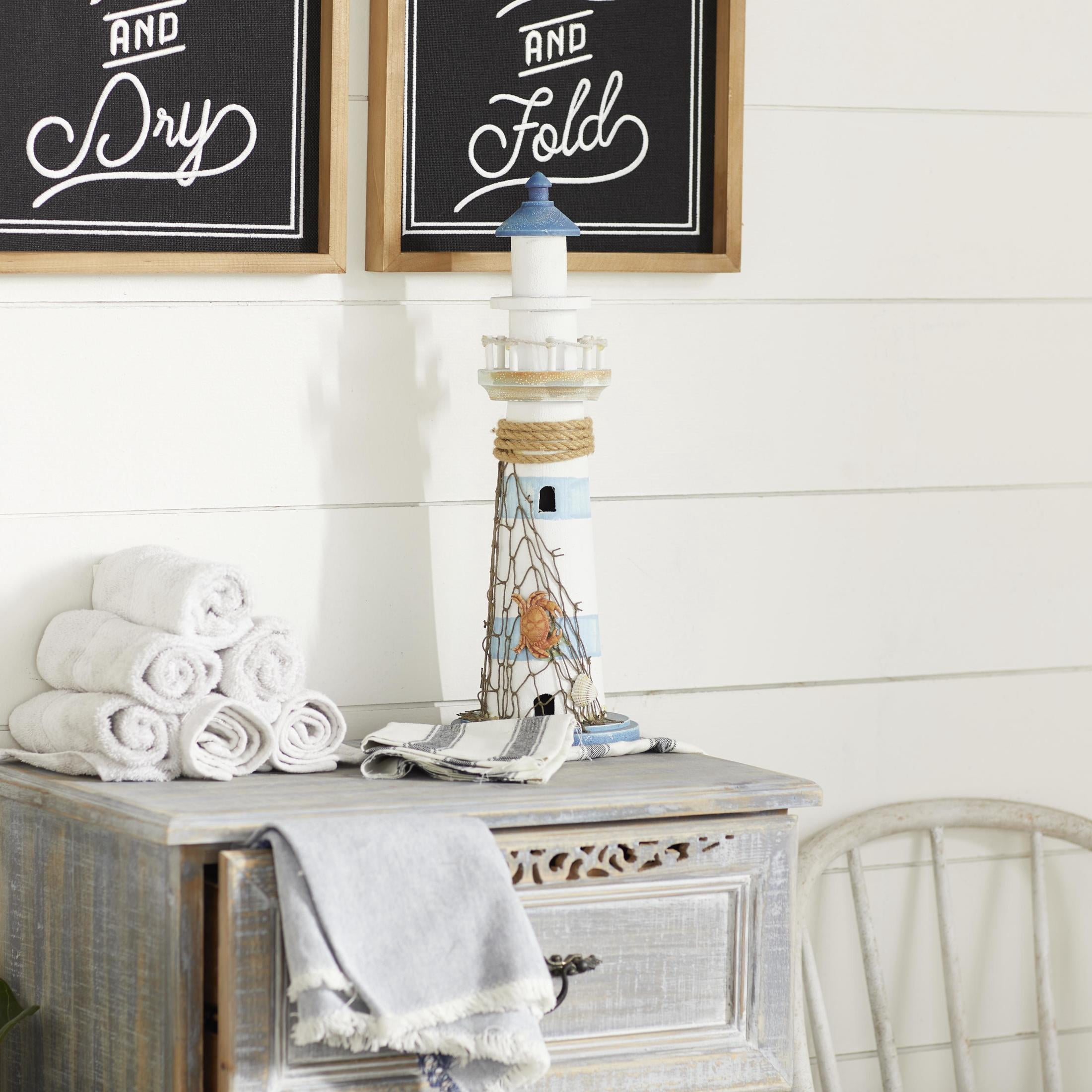 6" x 16" Blue Wood Light House Sculpture with Netting, by DecMode