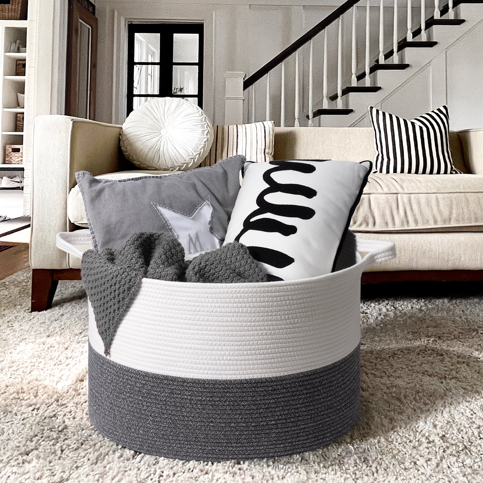 Timeyard Large Woven Laundry Hamper Basket - Decorative Storage Organizer for Living Room, Holds Toys Pillows Blankets Clothes - 21.7" x 21.7" x 13.8"-gray